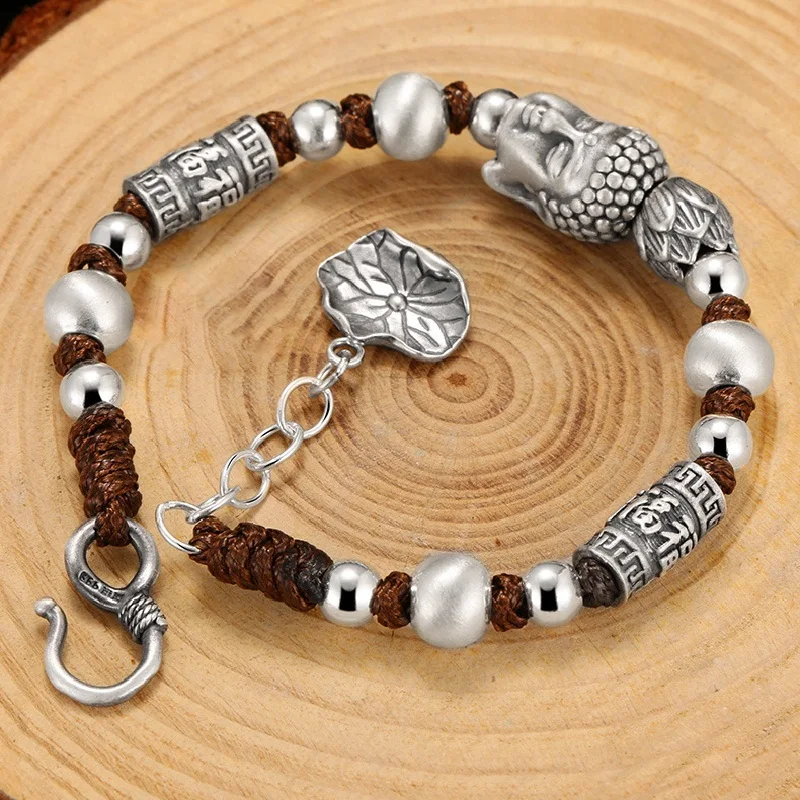 S999 Sterling Silver Vintage Buddha's Head Braided Bracelet For Man Woman Thai Silver Retro Custom Folk Beads Bracelets Jewelry