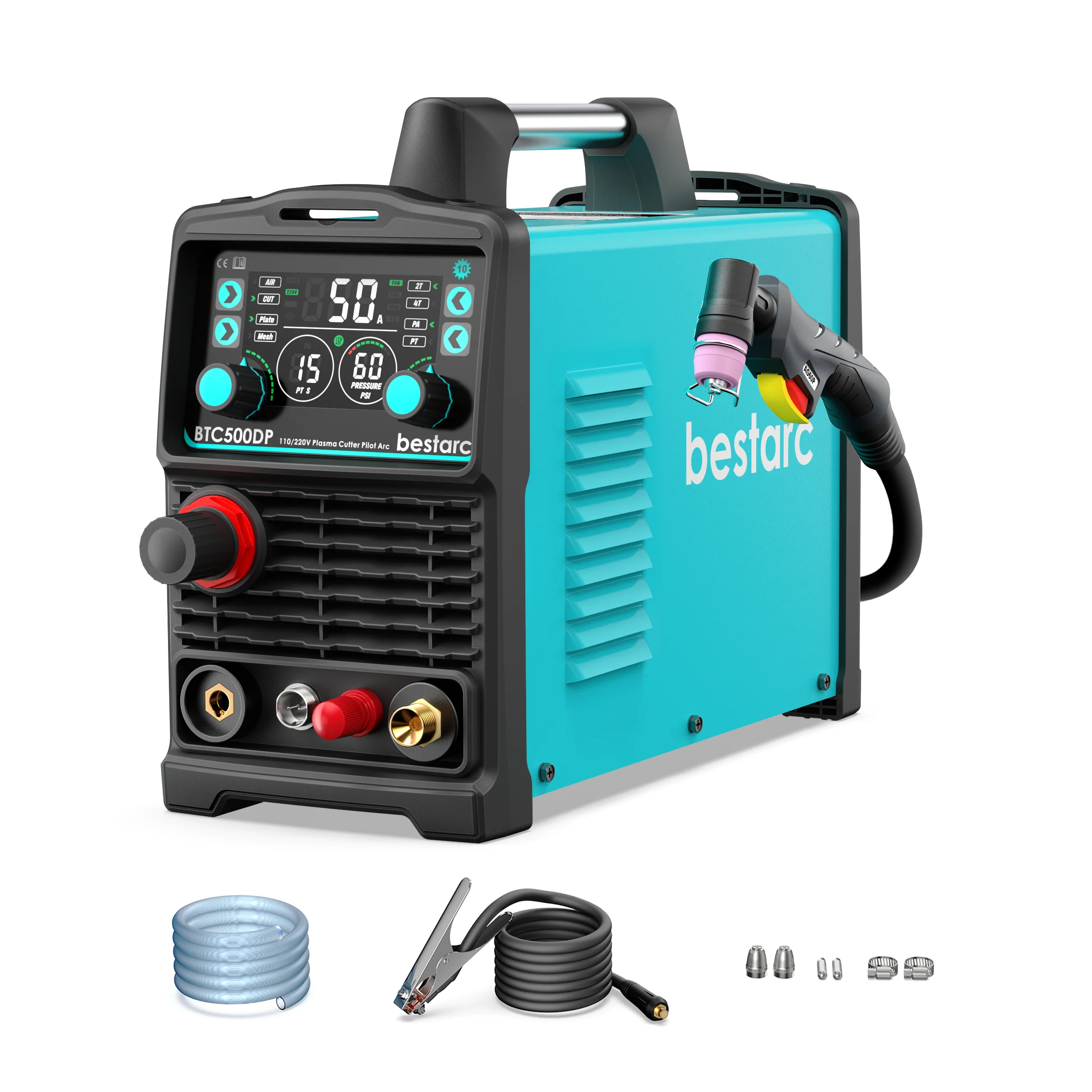 Bestarc 50A plasmasnijder - 220V Pilot Arc-technologie, groot LED-display en ingebouwde luchtsensor |   1/2" Clean Cut, 4/5" Max Cut