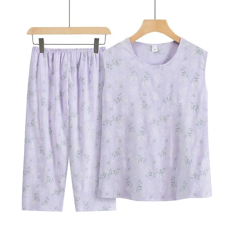 Conjunto de pijama holgado sin mangas para madre de mediana edad, ropa de dormir Floral de dos piezas, 4XL, Verano