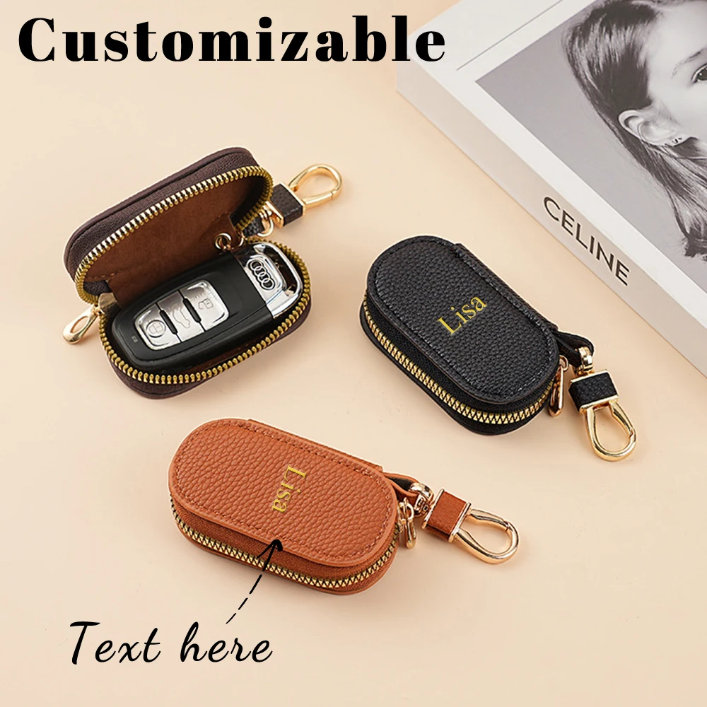 Customized name: Lychee pattern leather ladies' Lychee pattern key bag, lightweight and suitable for household use,men's key bag