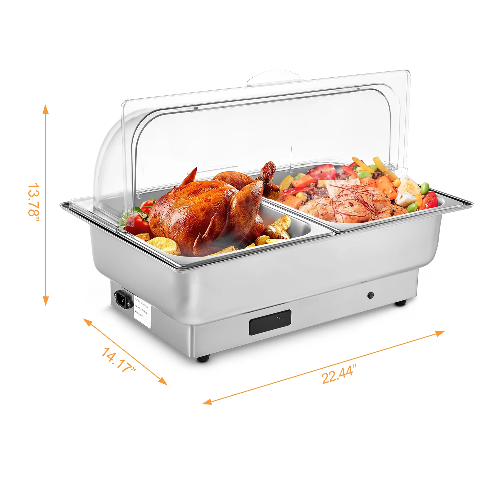 Electric 9 QT Chafing Dish Buffet Set, Full Size and 2 Removable Food Plates, Stainless Steel Roll Top Catering Chafer Server