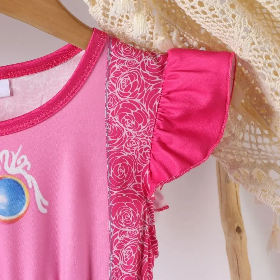 Mädchen Prinzessinnenkleid in Rosa-Pfirsich mit Rüschenärmeln für Kindergeburtstage und coole Feiertage – Detail 5