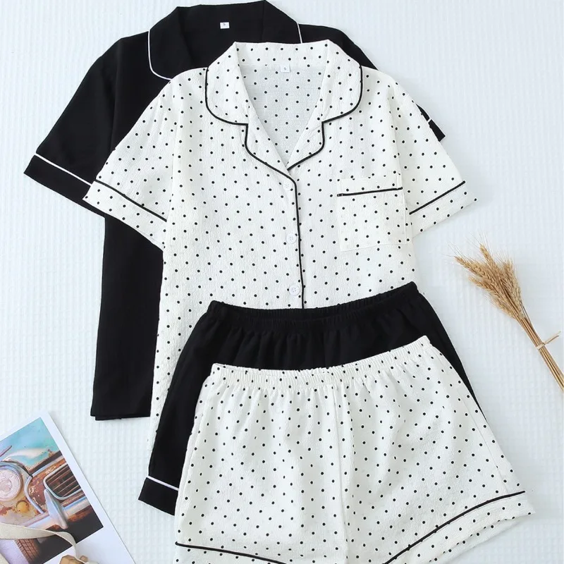 

Женские шорты с коротким рукавом GLEC, 2 комплекта пижам, однотонные с принтованным воротником, домашняя одежда, 2 комплекта пижам