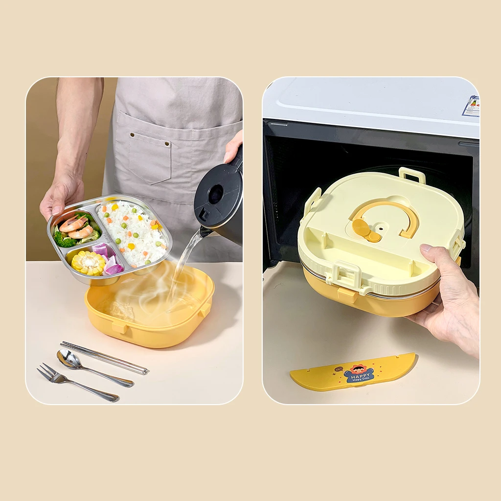 WORTHBUY ميكروويف 304 صندوق غداء من الفولاذ المقاوم للصدأ 3/4 شبكات حاوية طعام محمولة مانعة للتسرب مع أدوات مائدة لطلاب الأطفال