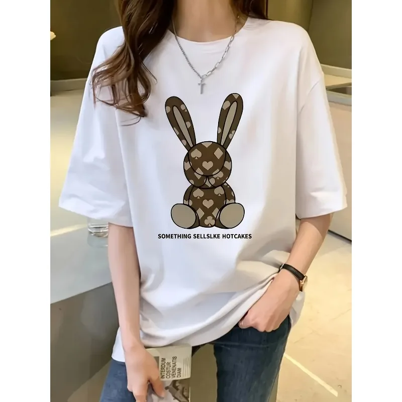 White T-shirt with Cute Rabbit Design and Heart-shaped Pattern Paired with Casual Jeans Same Sex Design Printed Casual T-shirt