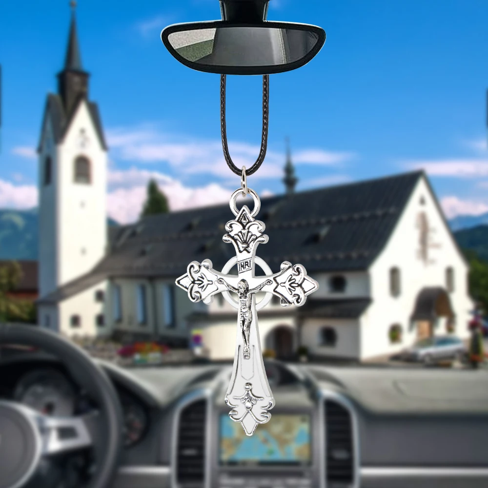 Cars Accessories Vintage Jesus Crucifix Cross Car Pendant Ornaments Charms Rearview Mirror Decoration Hanging Auto Decor Gift