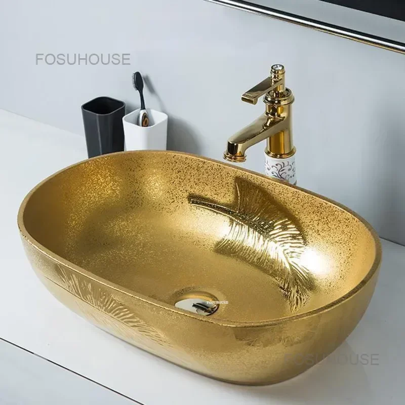 European Luxury Washbasin Hotel Club Golden Bathroom Sinks Beauty Salon Bathroom Accessories Oval Table Basin Washing Hand Basin