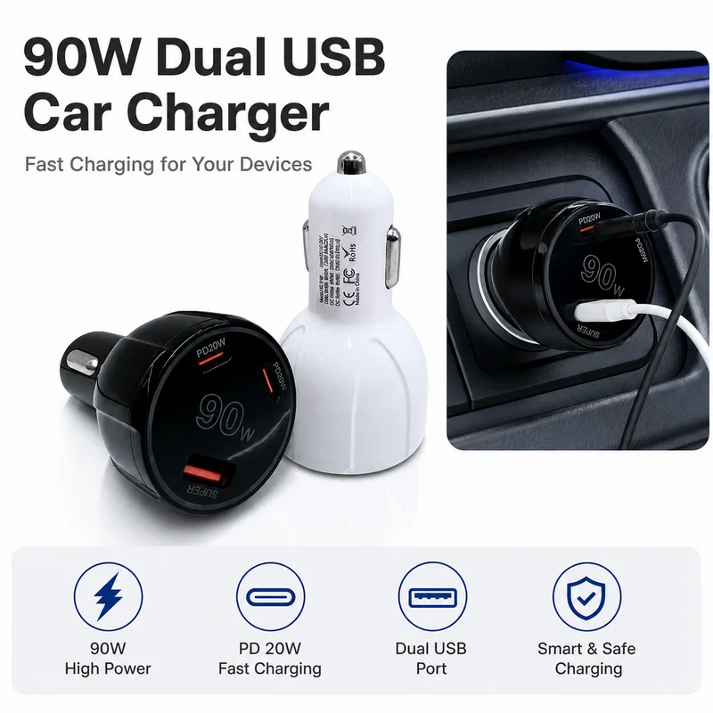 90W Car Charger Super Fast Charging USB Expansion Interface Car Charger Adapter Cigarette Lighter Socket For Vehicle
