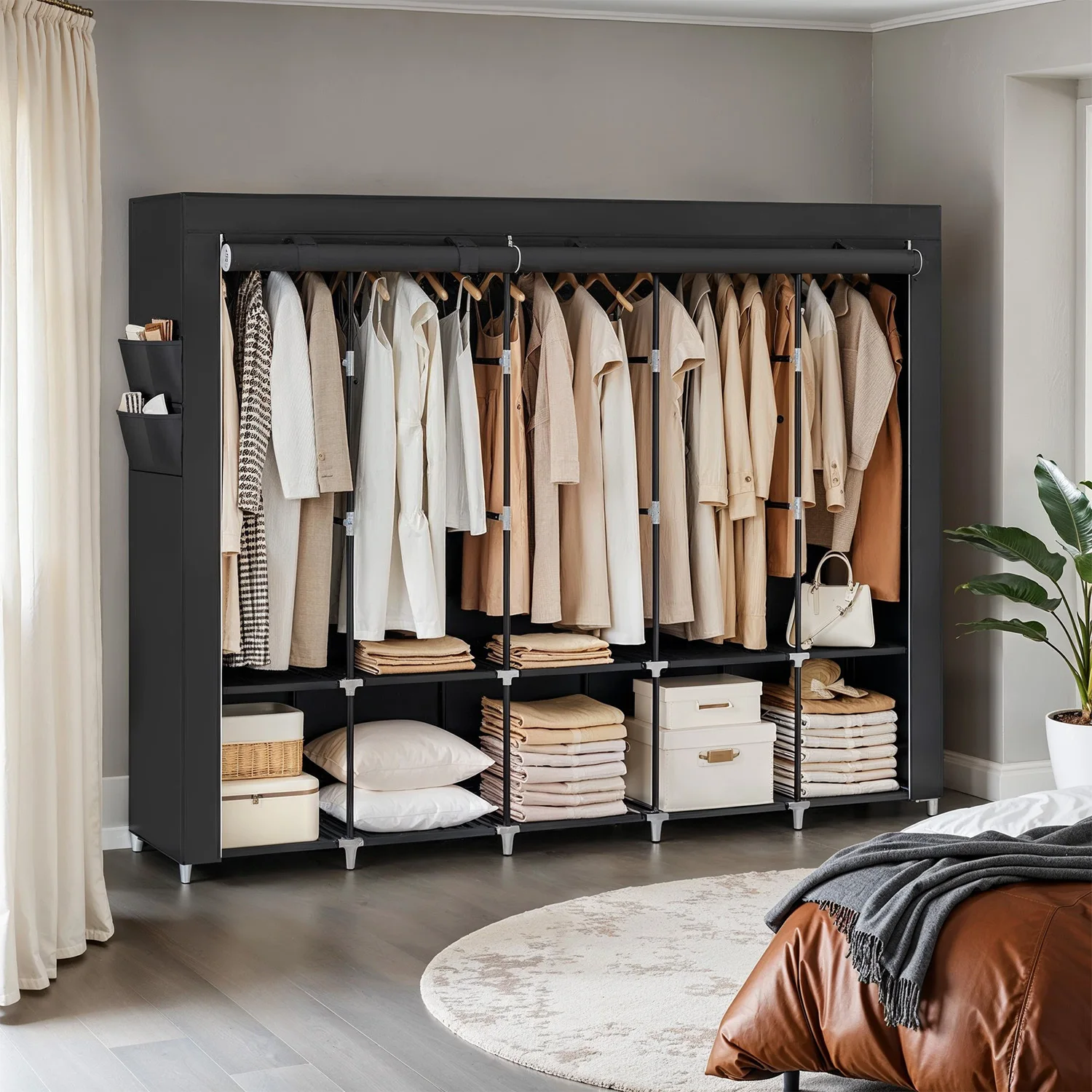 

Portable Wardrobe Organizer Featuring a Cover, Equipped with Five Hanging Rods And Shelves, Four Side Pockets