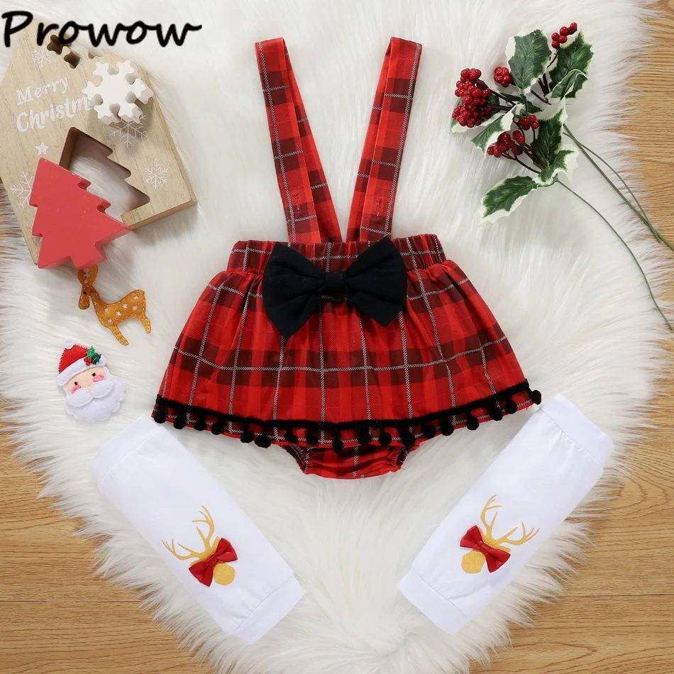 My First Christmas Baby Girl Outfits Tassel Sleeve Romper and Plaid Bodysuit Dress+Knee Pads Newborn Infants Christmas Clothes