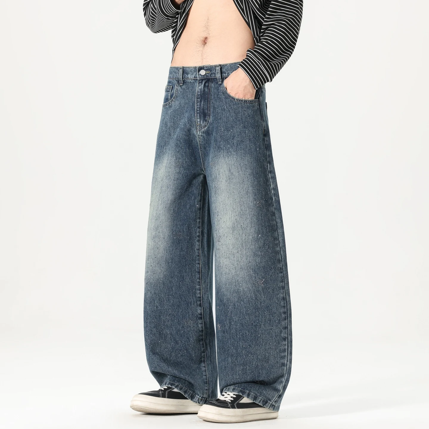 2026 Autumn/Winter New Men's Starry Pattern Cotton Denim Trendy Sabre Straight Pants - Versatile Pants