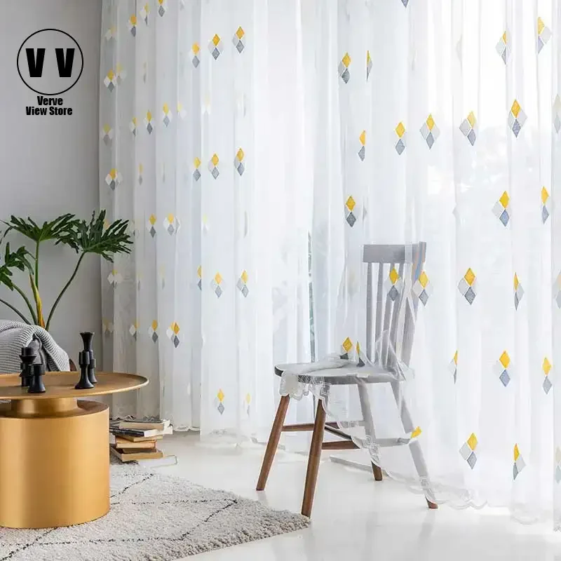 

Nordic Style Embroidered Tulle Window Treatment, Living Room, Bedroom Rhombus, Sheer Voile Curtain for Kitchen Blinds Drapes