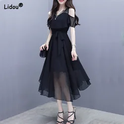 Vestido elegante de manga corta con cuello en V y cremallera para mujer, ropa de verano de corte en A, Color sólido negro