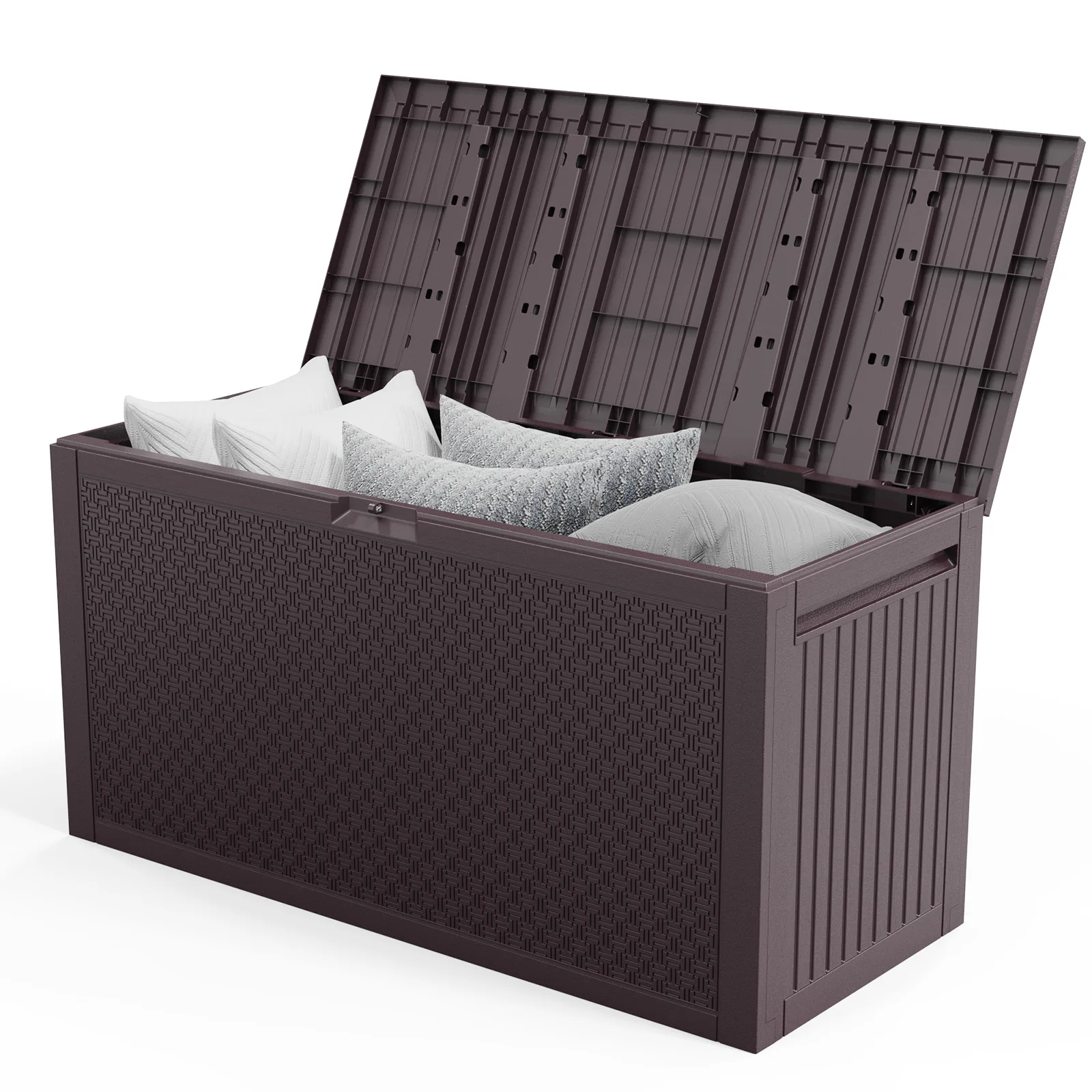 90 Gallon Outdoor Storage Deck Box Lockable Weatherproof Plastic Garden Storage Chest Brown Rattan Wicker Pattern Patio Cushion Pool Tools Storage Bench