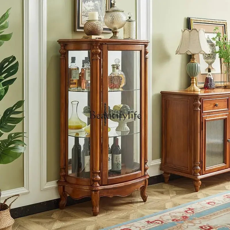 

LAmerican solid wood living room glass wine cabinet against the wall curved TV side cabinet