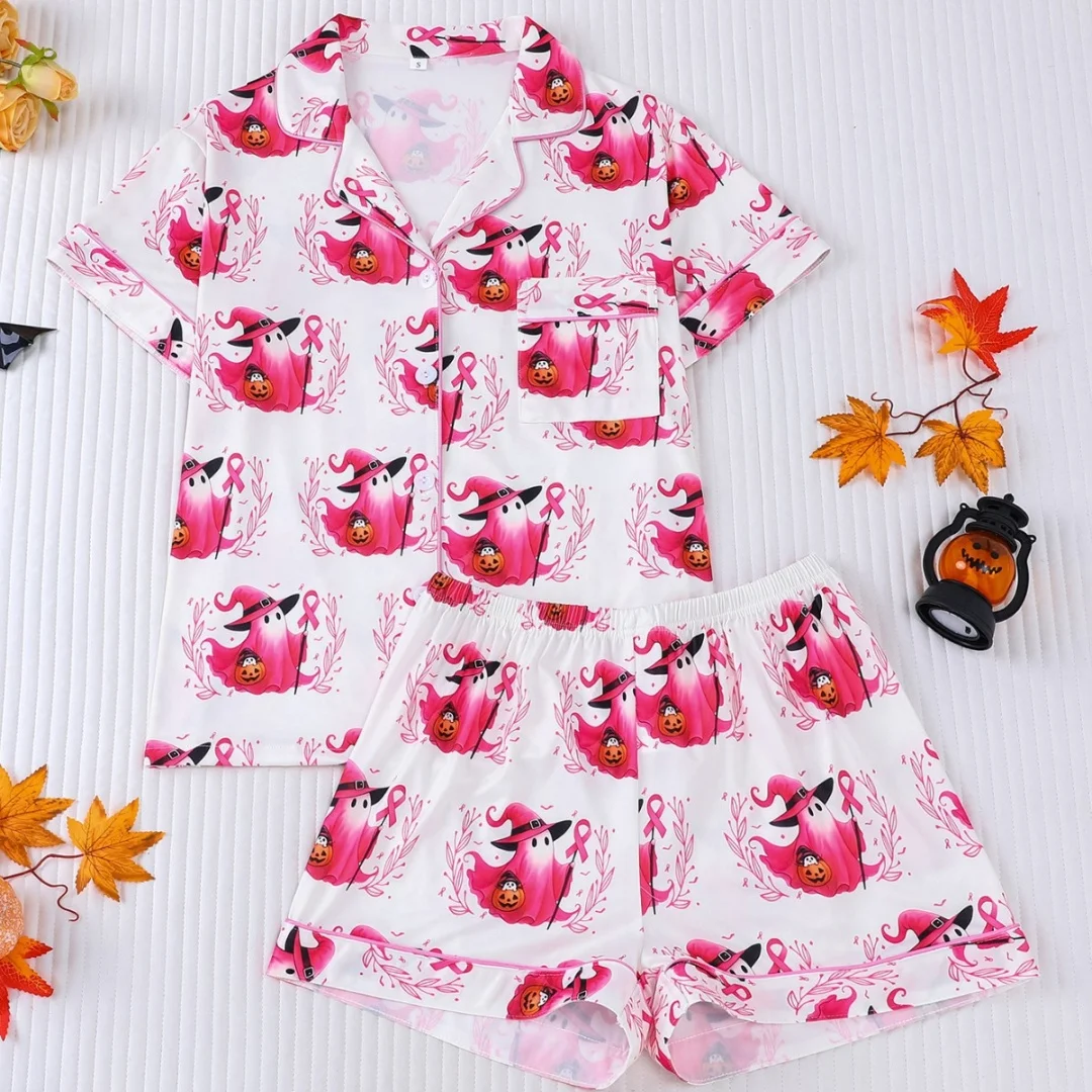 Halloween Themed Ghost Pumpkin Printed Pajamas Set for Women Loungewear Home Wear with Lapels Short Sleeves and Shorts Pants