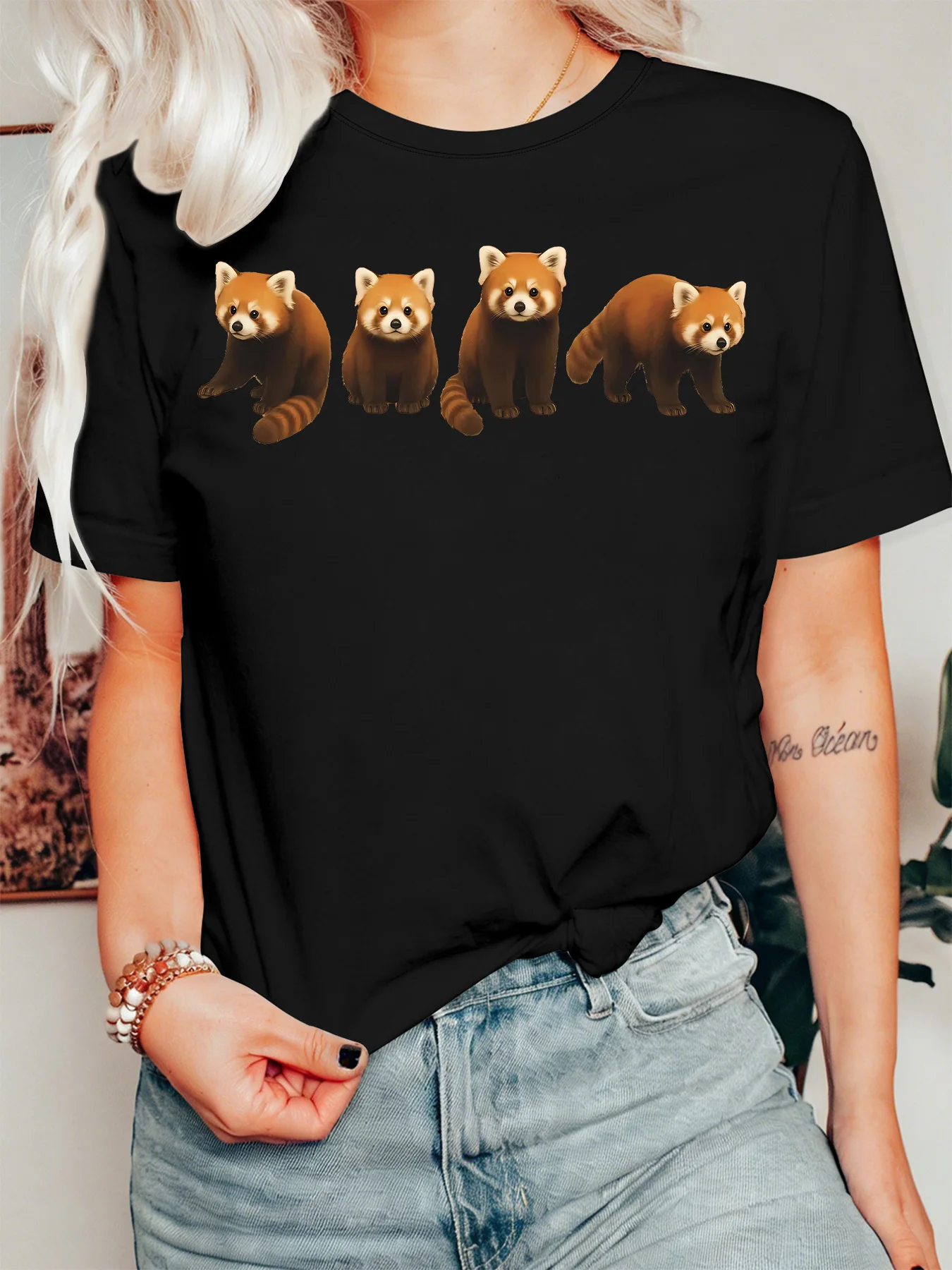 Cartoon Red Panda Lineup Womens T Shirt Cute Wild Forest Animal Graphic Tee Short Sleeve Casual Daily Holiday Ladies Tops