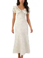 Chu Sau beauty Women New Fashion Sweet Polka Dot Print Chic Ruffles Midi Dress French V-Neck Puff Sleeve Vintage Party Dresses