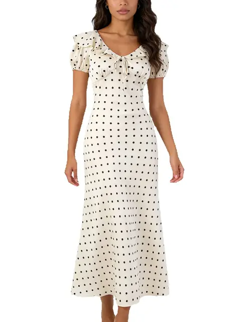 Chu Sau beauty Women New Fashion Sweet Polka Dot Print Chic Ruffles Midi Dress French V-Neck Puff Sleeve Vintage Party Dresses