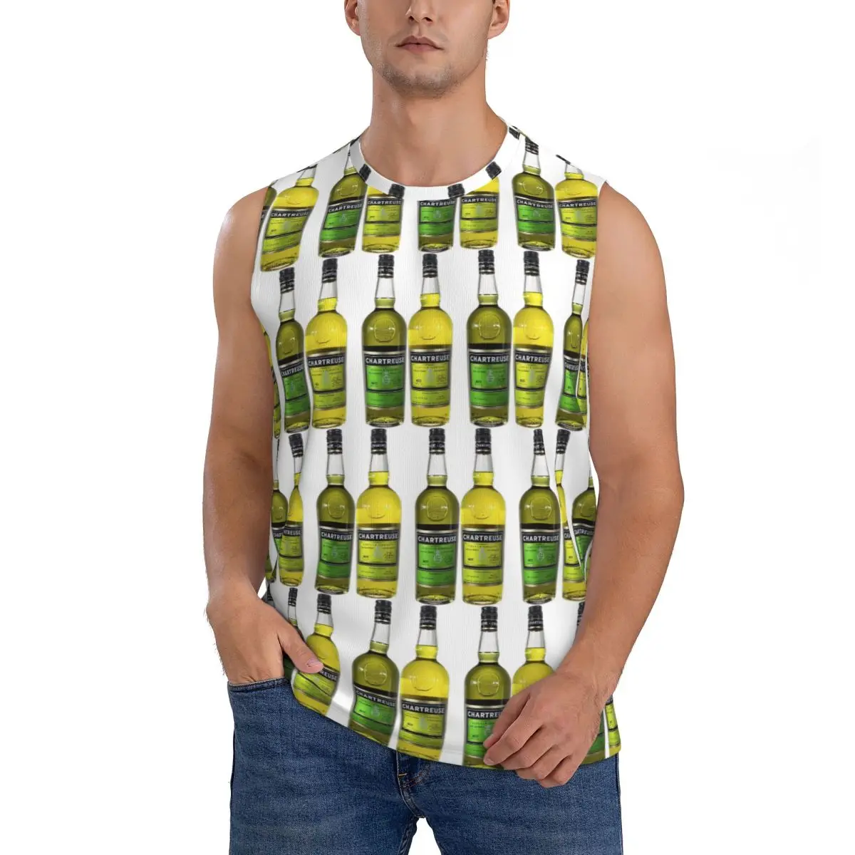 Green Chartreuse Bottle Oil Painting Drink Men Sleeveless Tank Tops Quick Dry Breathable Gym Fitness Running Summer Sport Vest