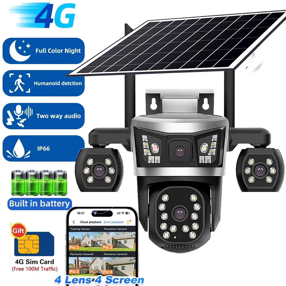 

Solar 4G Camera 12MP 6K 4 Lens 4 Screen Monitor Night Vision AI Auto Tracking PTZ Video Surveillance AOV CCTV Security Protect