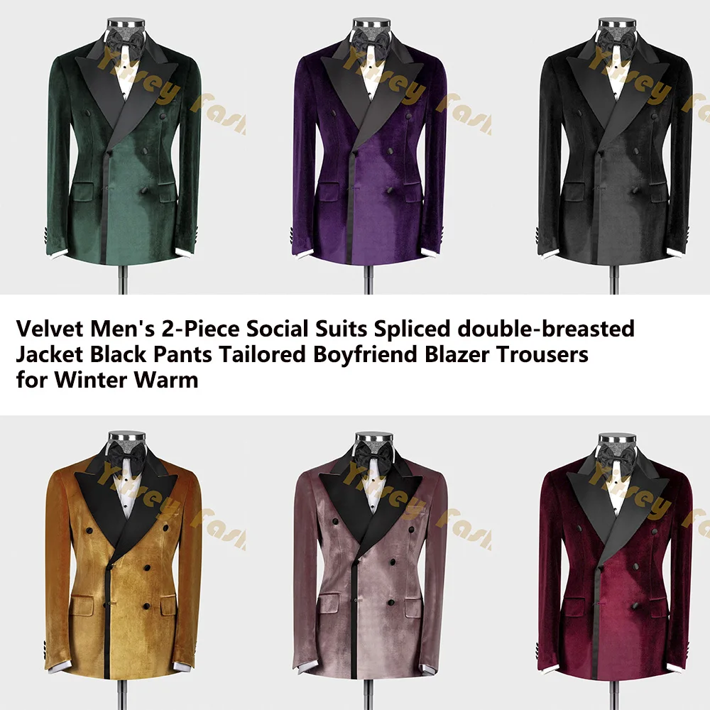 

Velvet Men's 2-Piece Social Suits Spliced double-breasted Jacket Black Pants Tailored Boyfriend Blazer Trousers for Winter Warm