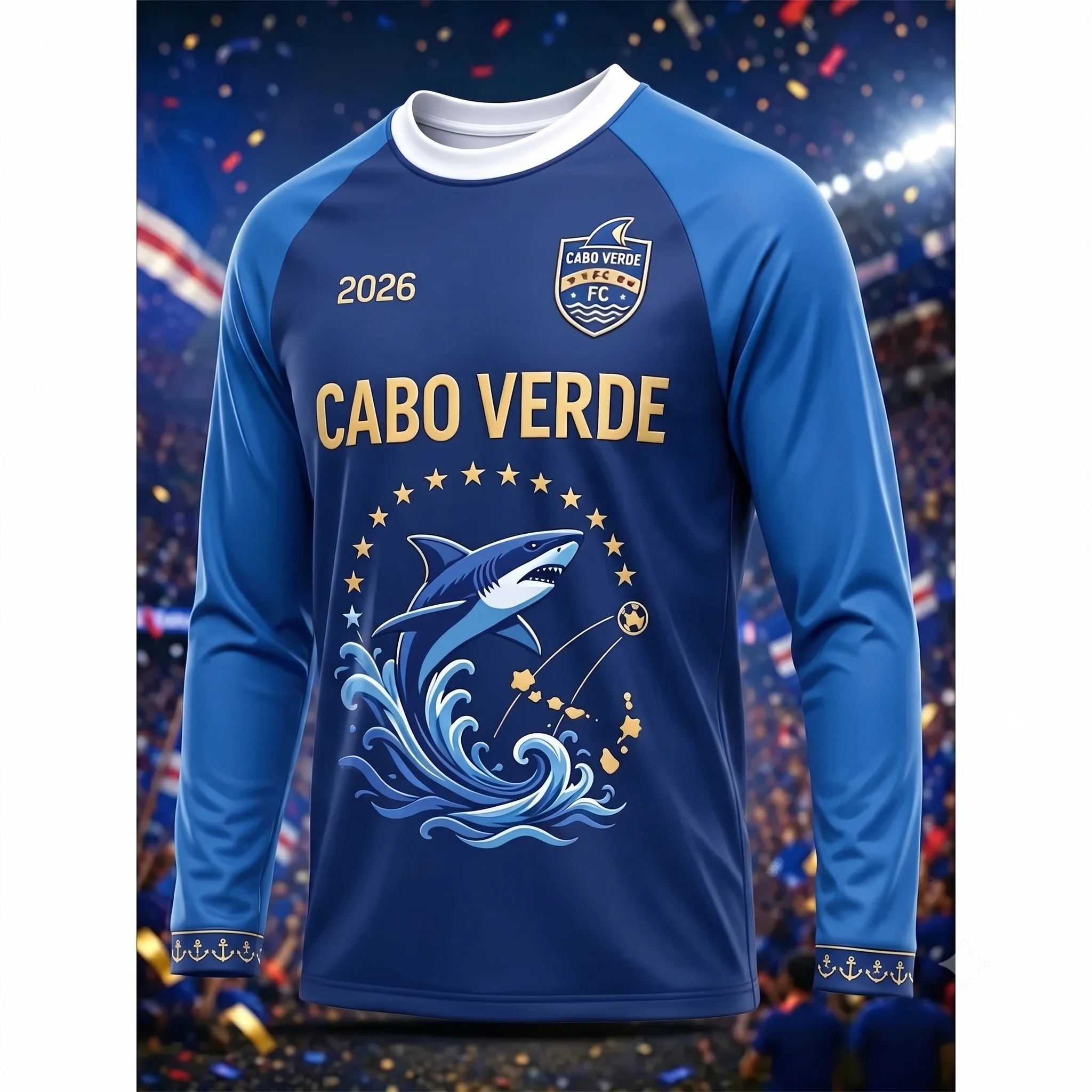 Cabo Verde Summer Shark Wave Print Soccer Jersey Men Long Sleeve Crew Neck Quick Dry T-Shirt Fan Athletic Casual Training