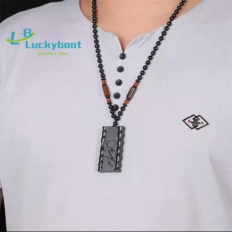 Natural Hetian Cyan Jade Carving Bamboo Knot Black Green Pendant Jadeite Charm Necklace Exquisite Jewelry Men Women with Chain