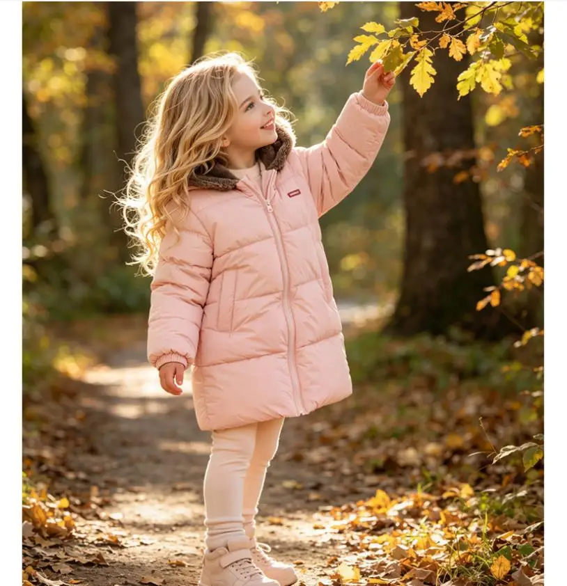 Neue doppelseitige Winter-Daunenjacke für Kinder, Jungen und Mädchen, mittellanger warme Mantel mit Bärenohren-Kapuze. – Detail 9