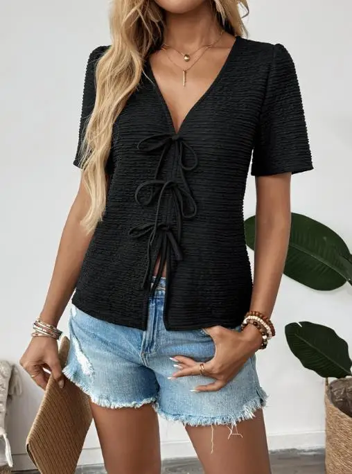 

Bow Decoration 2025 T-Shirt Summer Women's Casual Texture Knitted Top Elegant Solid Color Deep V-Neck Slim Fit Short Sleeved Top