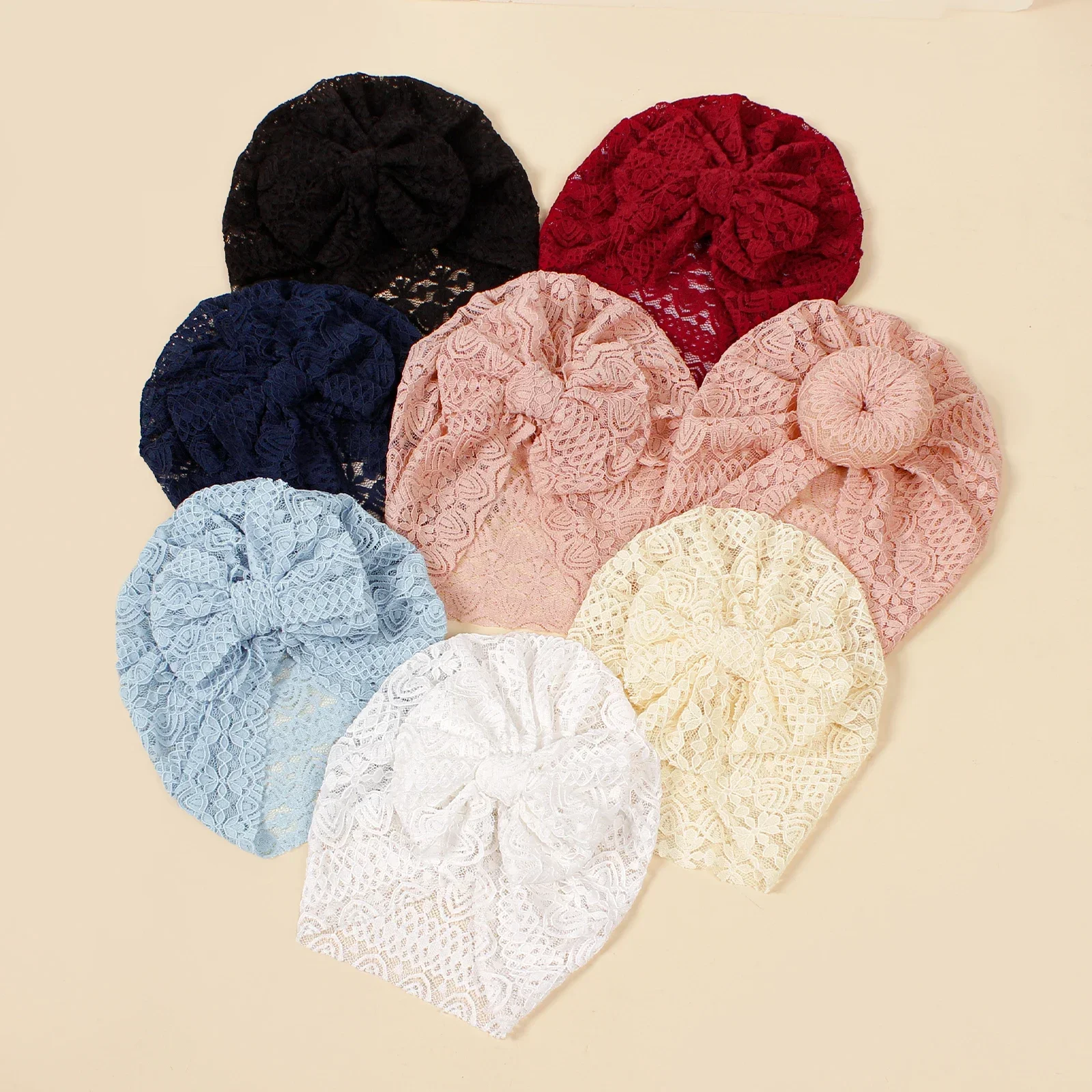 8Pcs/Lot Baby Lace Hats Newborn Tie Knot Turban Elastic Beanies Muslin Cute Toddler Girls Boys Kids Breathable Indian Hat Bows