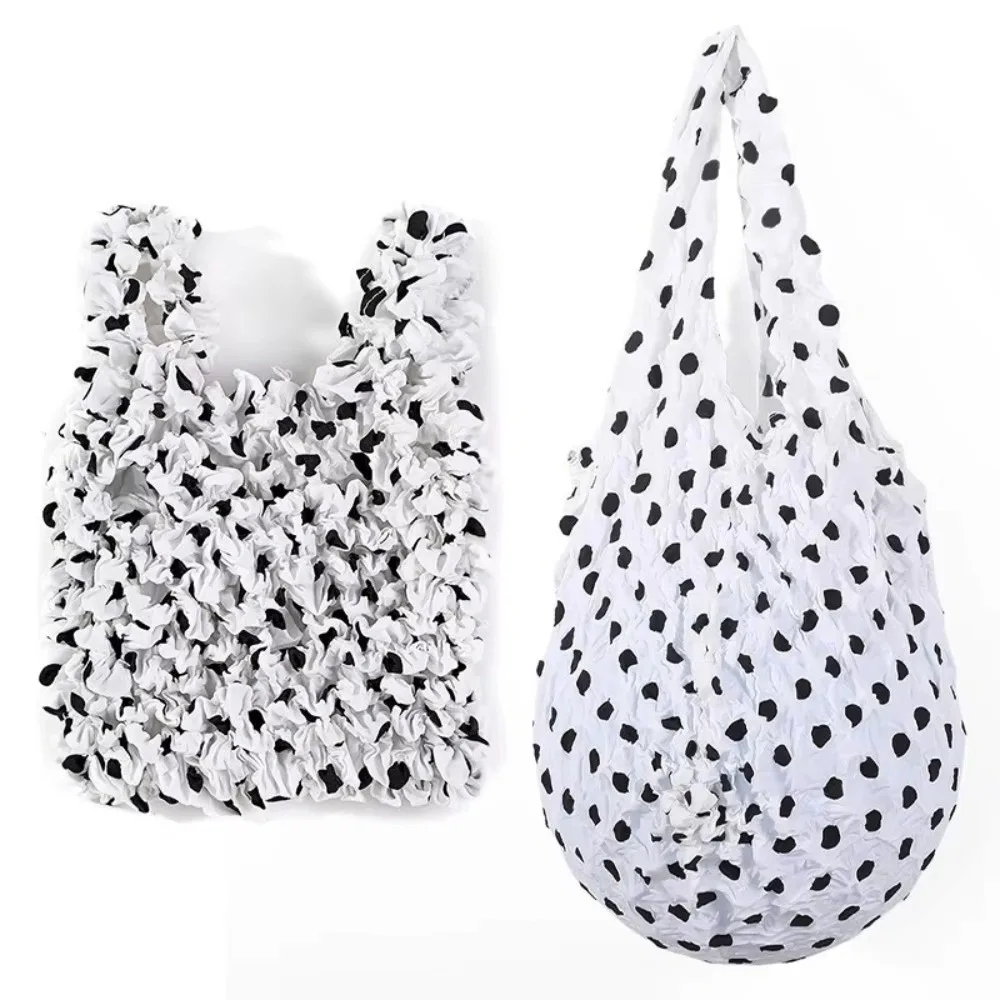 Large Capacity Stretch Shopping Bag Polka Dot Bubble Pleated Reusable Grocery Bag 1PC Magic Stretch Elastic Handbag For Shopping