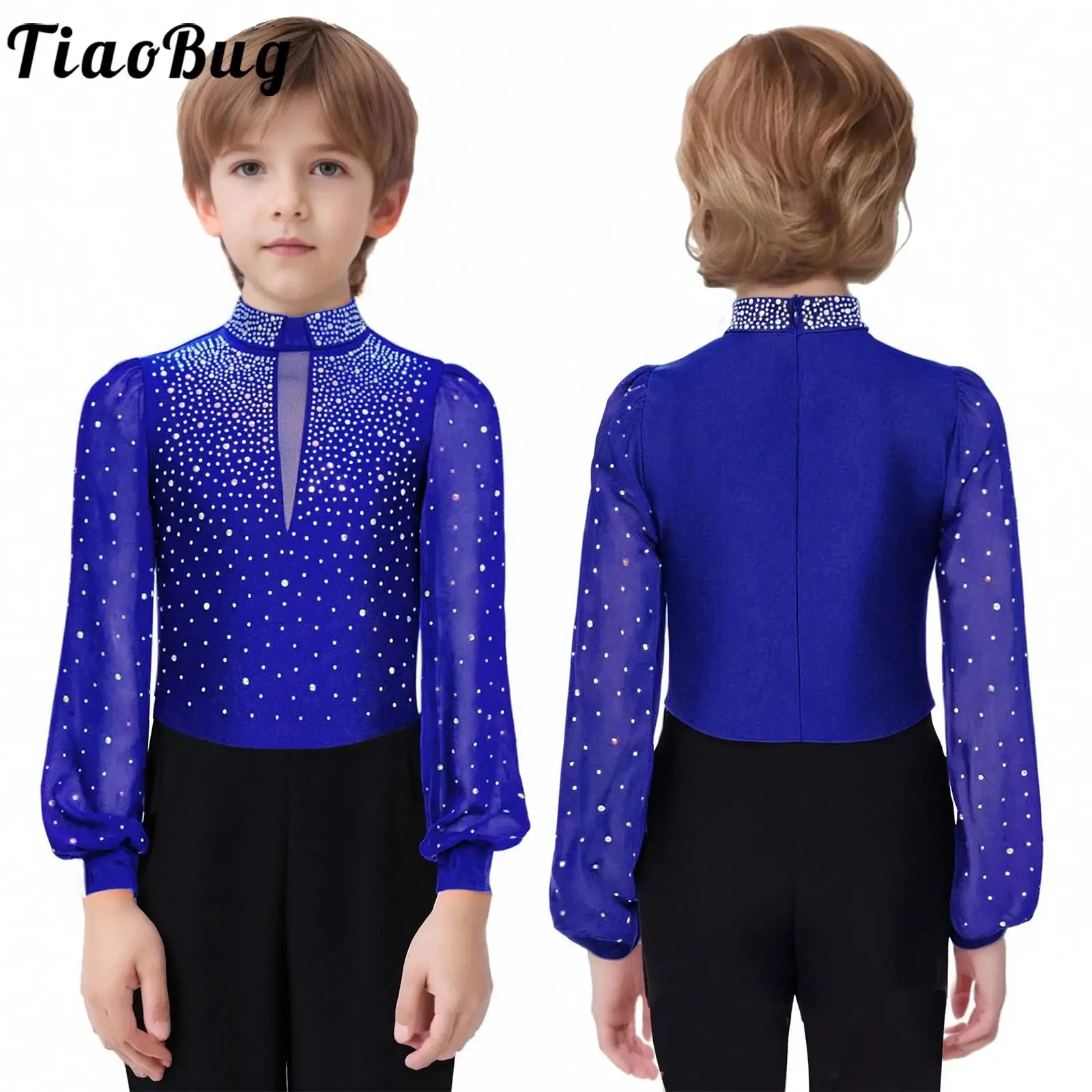 Boy Latin Tango Dance Jumpsuit Ballet Figure Skating Gymnastic Leotard Long Sleeve Shiny Rhinestones Bodysuit Ballroom Dancewear