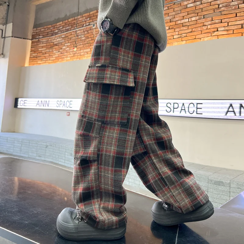 Child Winter Plaid Cargo Thermal Pants With Pocket for Teenage Boy Loose Casual Insulated Trousers Kids Fleece-Lined Sweatpants image 3