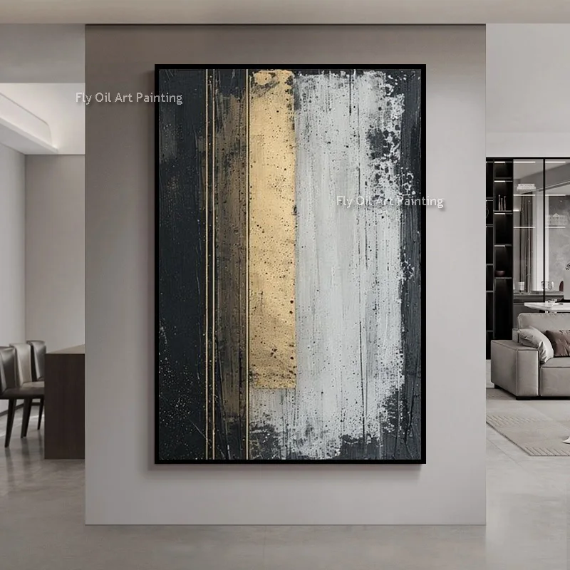 Hand Painted Vertical Abstract Oil Painting, Black White Gold Brush Stroke Textured Canvas Art Modern Luxury Entrance Wall Decor
