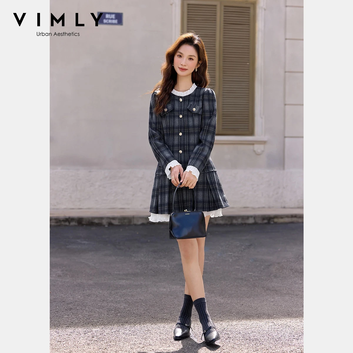 

VIMLY Women's Plaid Mini Dress French Style Spliced Ruffled A-line Dresses Spring 2026 Elegant Round Neck Midi Lady Dress 30578