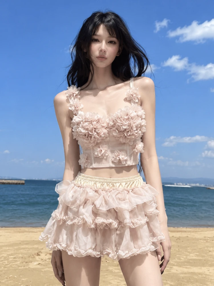 Women Floral Thin Shoulder Straps Sleeveless Camisole Sexy Backless Cropped Short Top French High Street Summer Apparel Garment