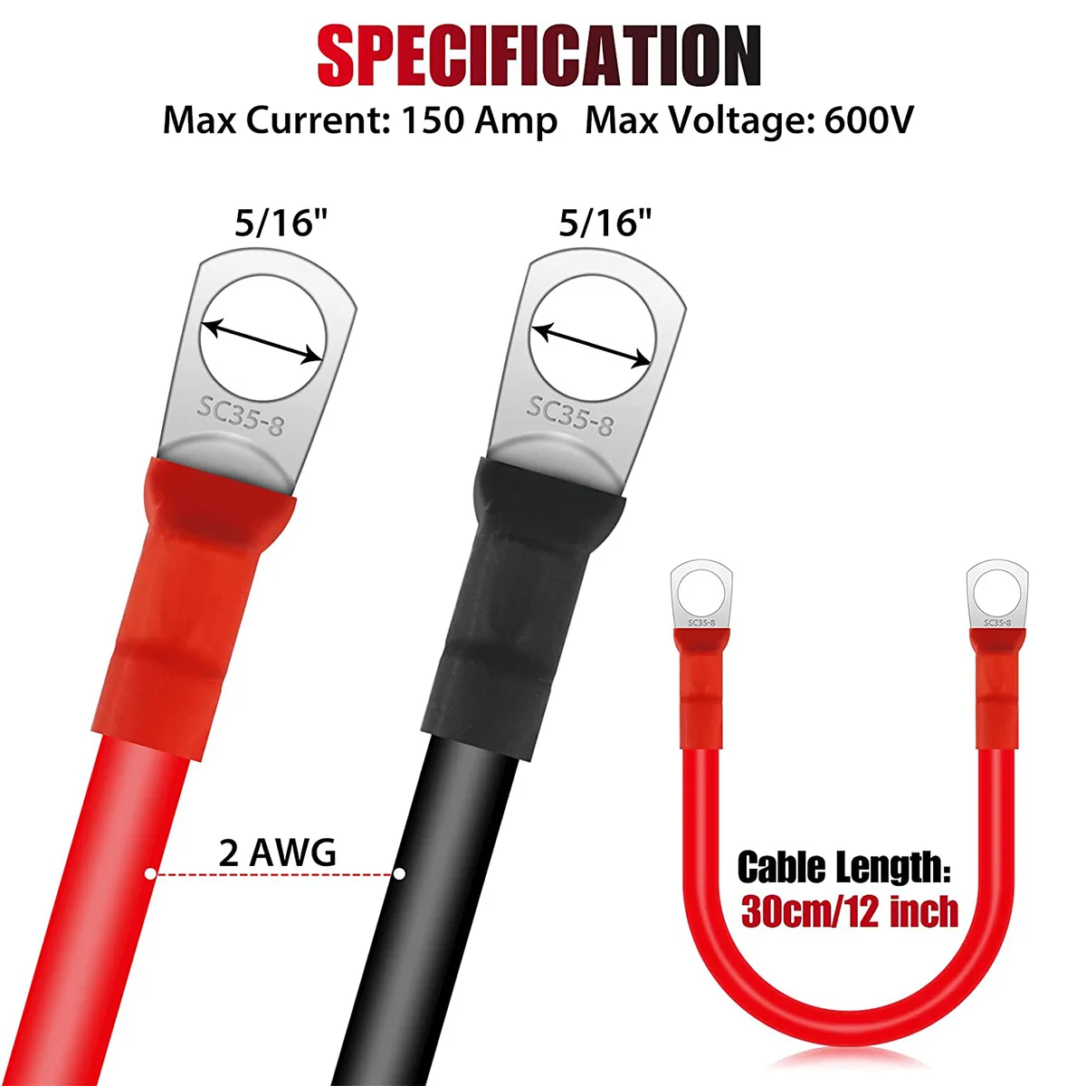 Battery Inverter Cable Set with Terminals 12V 2AWG Car Battery Connection Line Cable Stranded Copper Cord red black wire