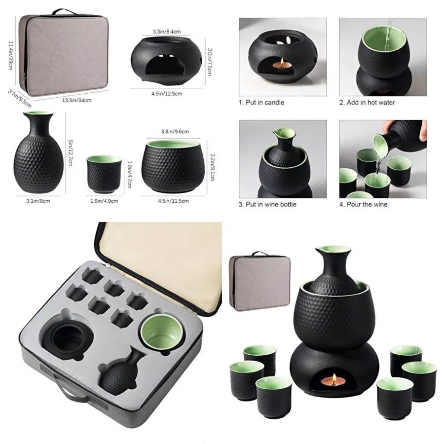 

Ceramic Sake Set Cups with Warmer Keep Sake Storage Box, Traditional Porcelain Pottery Hot Saki Drink, 9pcs include 1 Stove 1 W
