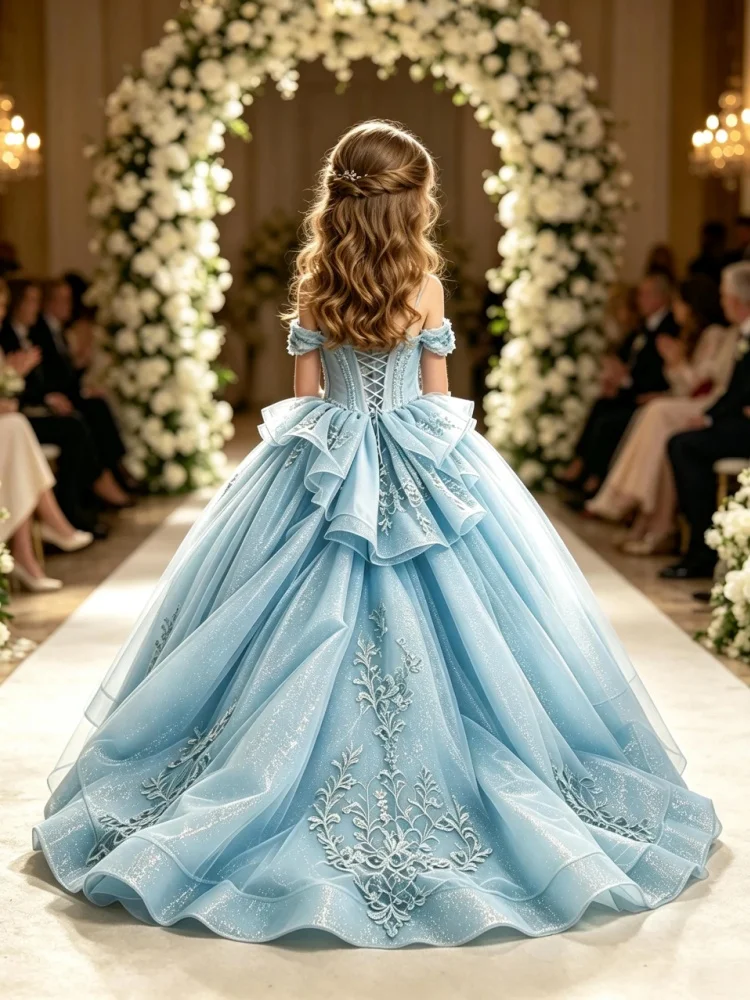 Off‑Shoulder Flower Girl Dress Tulle Floral Lace Embroidery Corset Back Multi‑Layer Ruched Train Ball Gown Kid Wedding Pageant