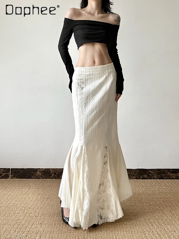 Temperamento francês renda emenda oco saia feminina verão nova cintura alta fishtail saia ins spice girl y2k saias de comprimento médio