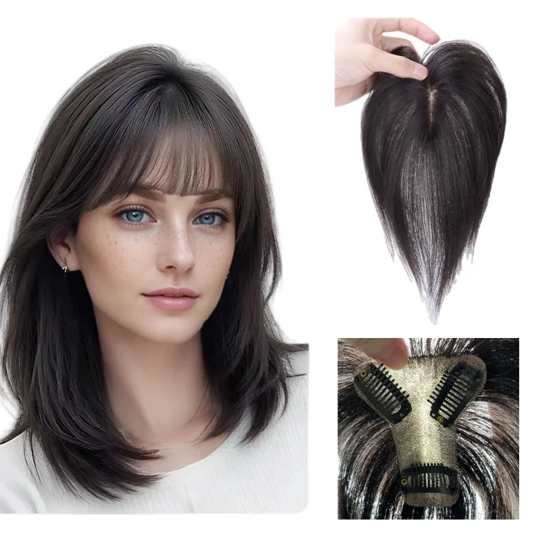 

7x8cm Slik Base Human Hair Toppers For Women Clip In Topper With 3D Air Bangs Hairpieces for Hair Loss Volume Cover Grey Hair