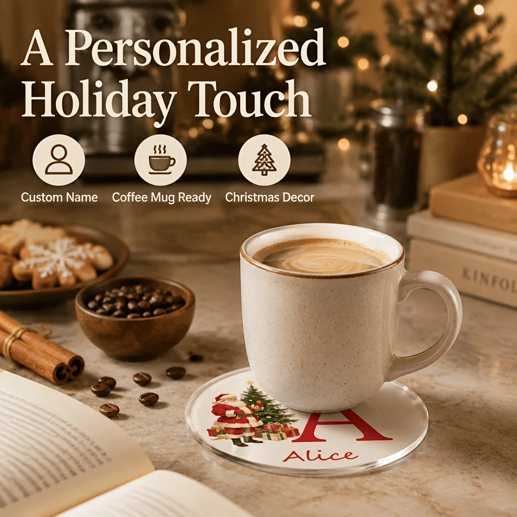 Personalized Christmas Acrylic Coaster Custom Name A-Z Initial Vintage Santa Drink Coaster for Xmas Table Home Bar Decor Gift