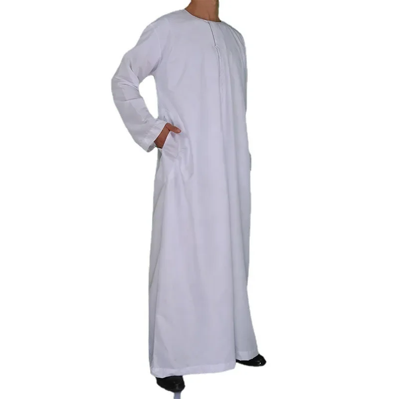 2024 Men's New Muslim Abaya Casual Middle Eastern Round Neck Robe + White Headscarf + Headband Islamic Robe Clothing