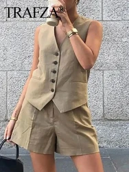 TRAFZA 2024 Summer Causal Women's Solid Shorts Suit V Neck Single Breasted Vest+A-Line Zipper Fly Shorts Office Lady Elegant Set