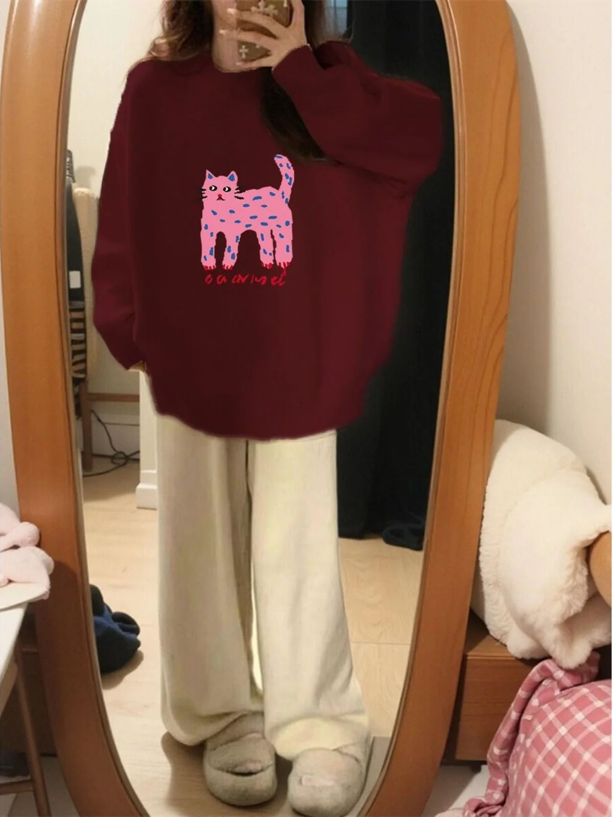 

Soft Cozy Wine Red American Retro round Ne Knitwear Women's Autumn Winter 2025 Lazy Sle Overhead Sweater Top