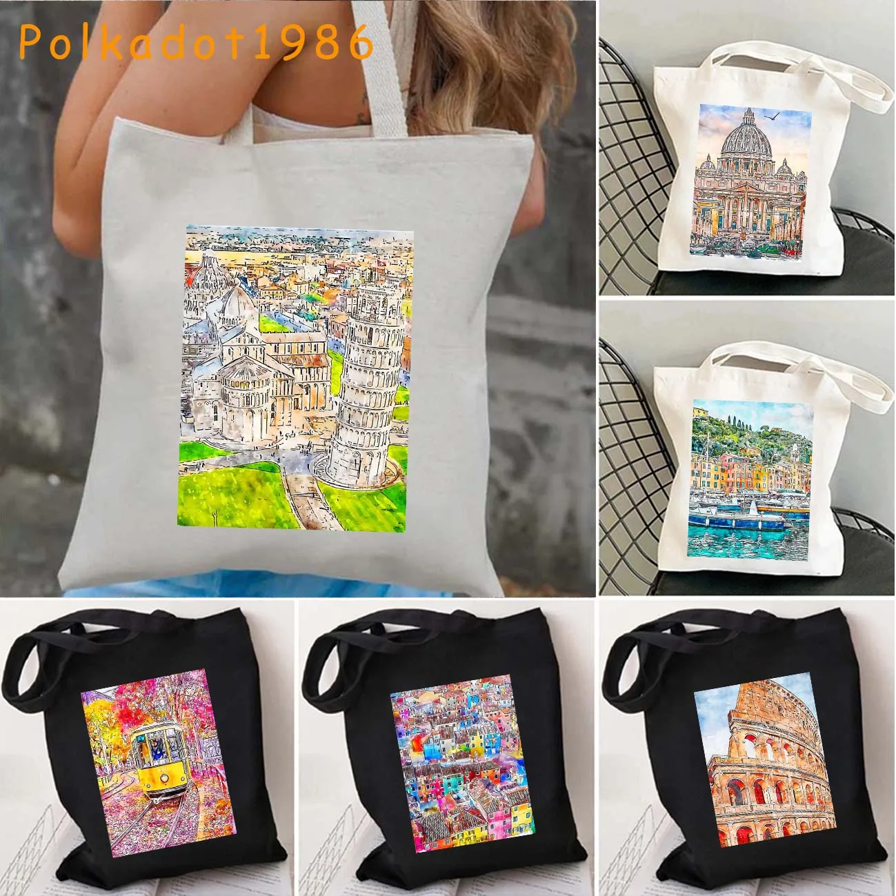 

The Colosseum Rome Italy Milan Burano Houses Lazio Pisa Portofino Bay Watercolor Painting Canvas Tote Bag Shopper Cotton Handbag