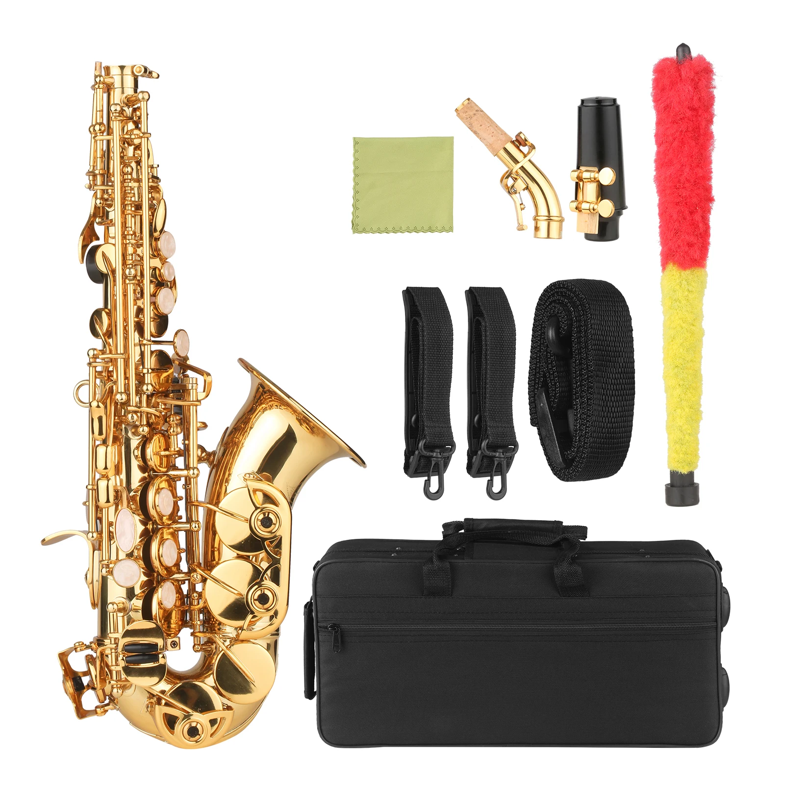 Bb Soprano Saxophone Gold Lacquer Brass Sax with Case Mouthpiece Neck Strap Cleaning Cloth Brush Sax Accessories for Musicians