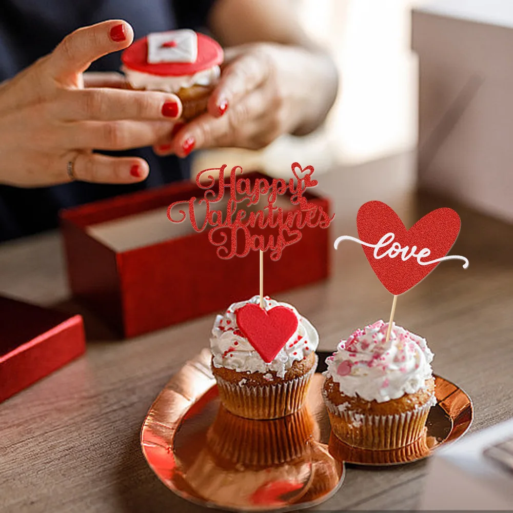 12PCS Happy Valentine\'s Day Cupcake Toppers Glitter Sweet Love Be Mine Valentines Cupcake Cake Decorations Supplies