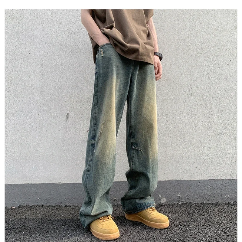 Jeans Men's American Retro Spring and Fall Washed and Old Loose Straight Drag Pants High Street Temperament Wide-legged Pants